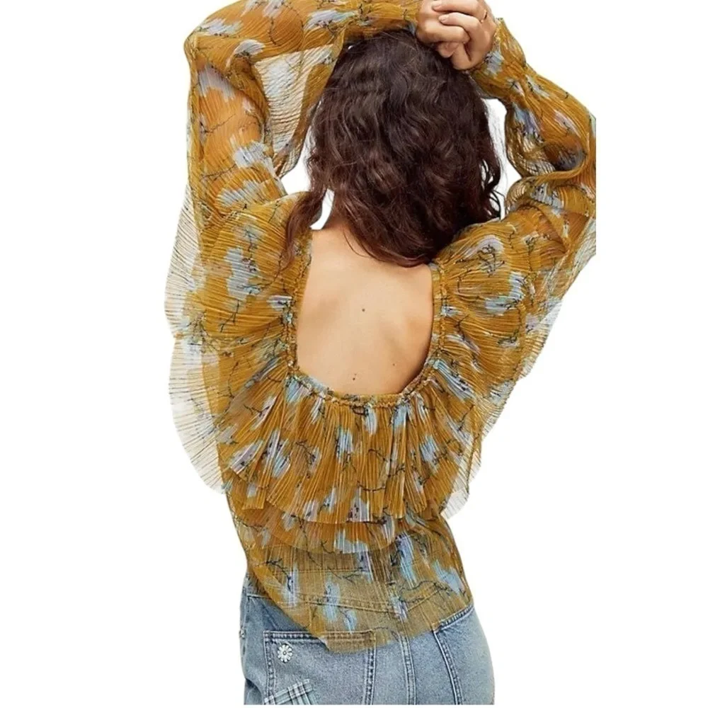 FREE PEOPLE FRILLS AND THRILLS RUFFLED TIERED SHEER FLORAL LONG SLEEVE CROP TOP